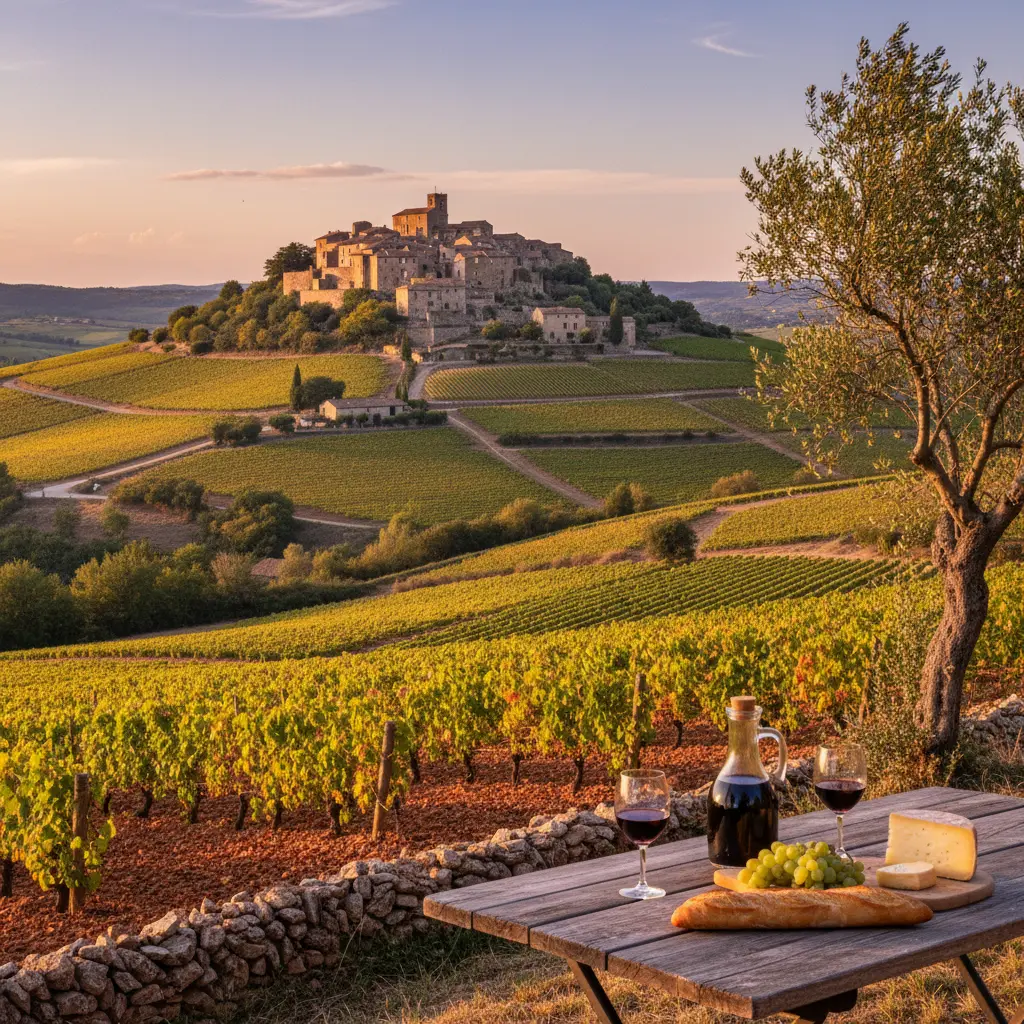 A charming hilltop village in Languedoc surrounded by vineyards