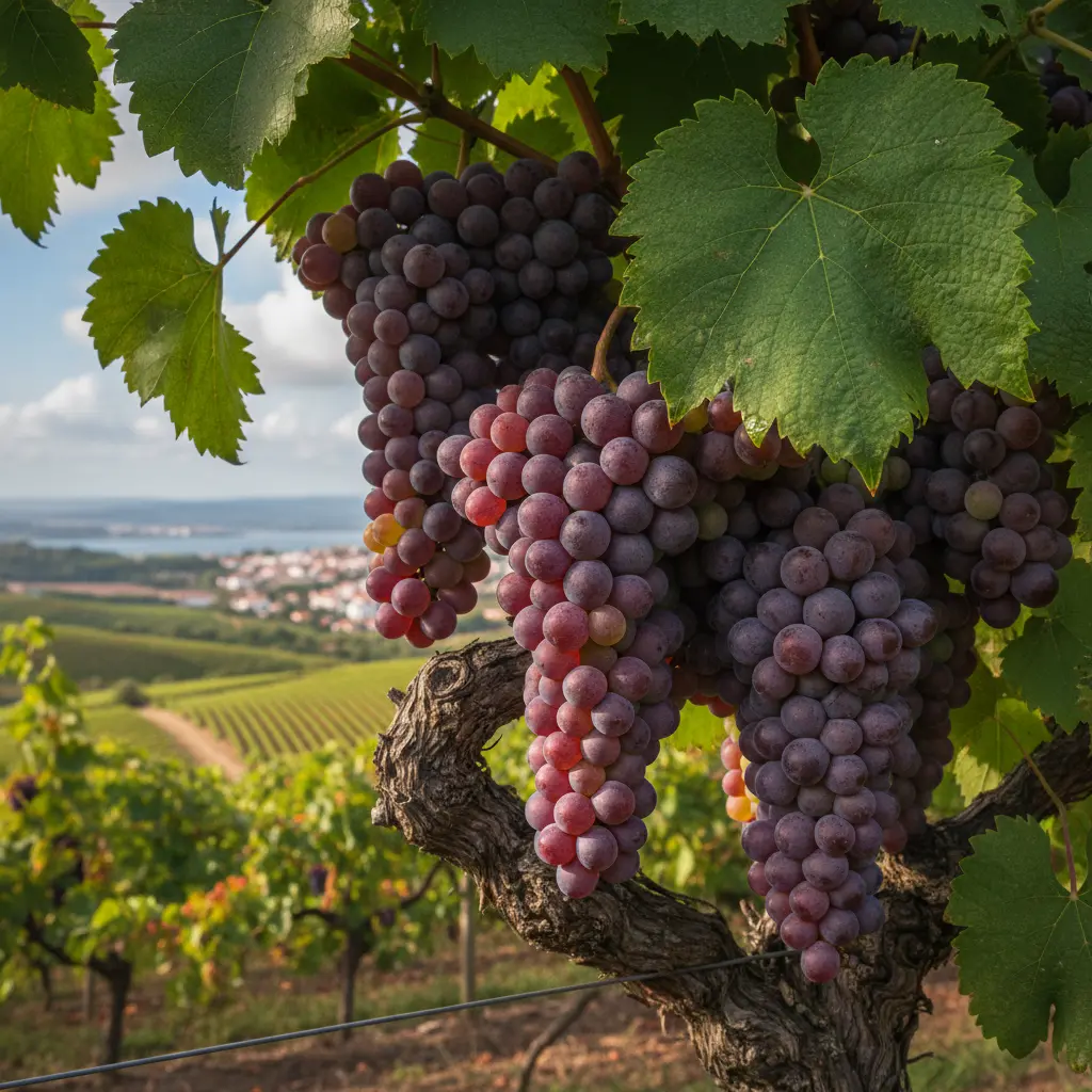Close-up of ripe red grapes on the vine in a Lisboa vineyard