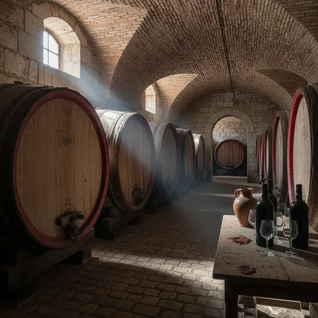 Inside a traditional wine cellar with oak barrels in Lisboa, Portugal