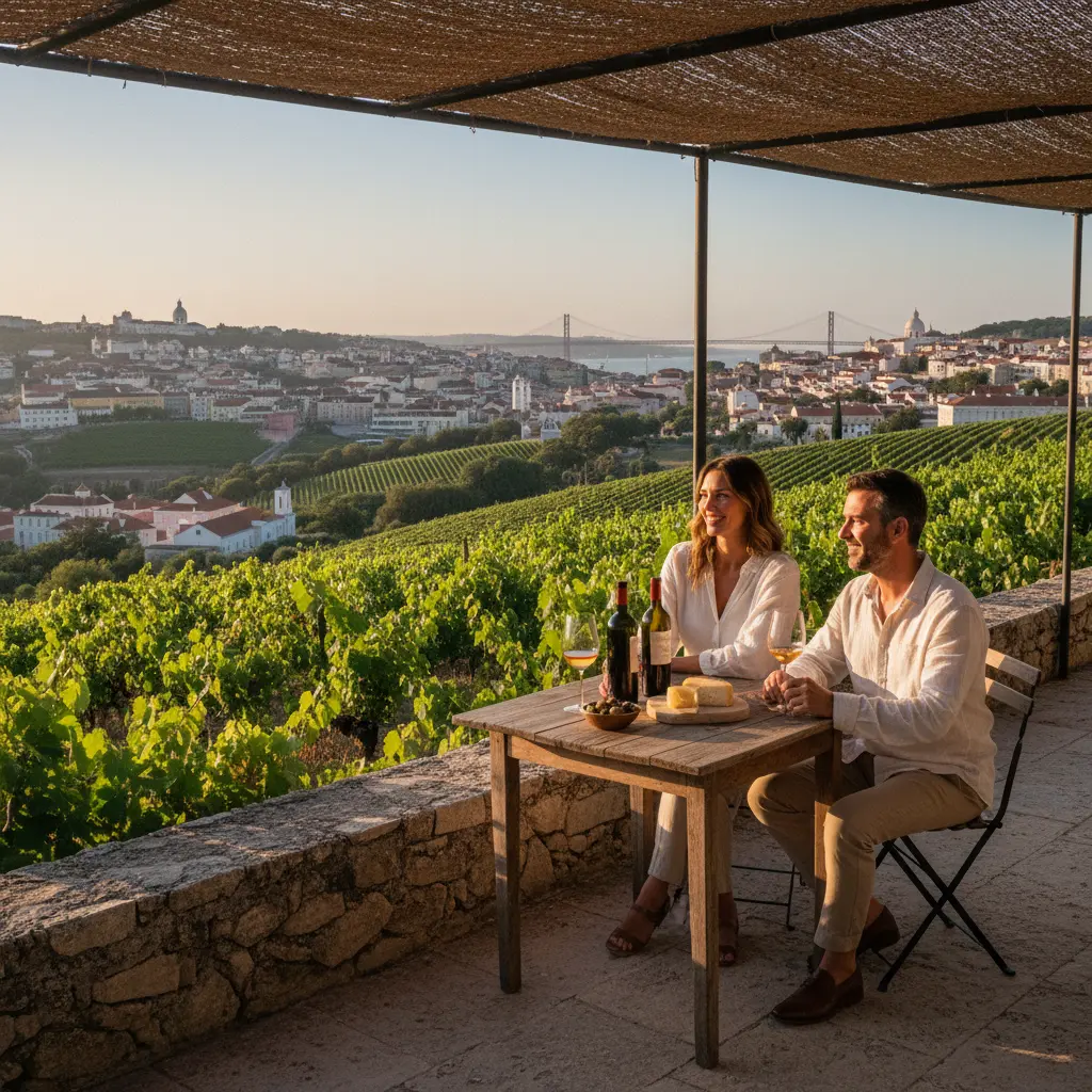 A couple enjoying a wine tasting on a vineyard terrace overlooking the Lisboa region