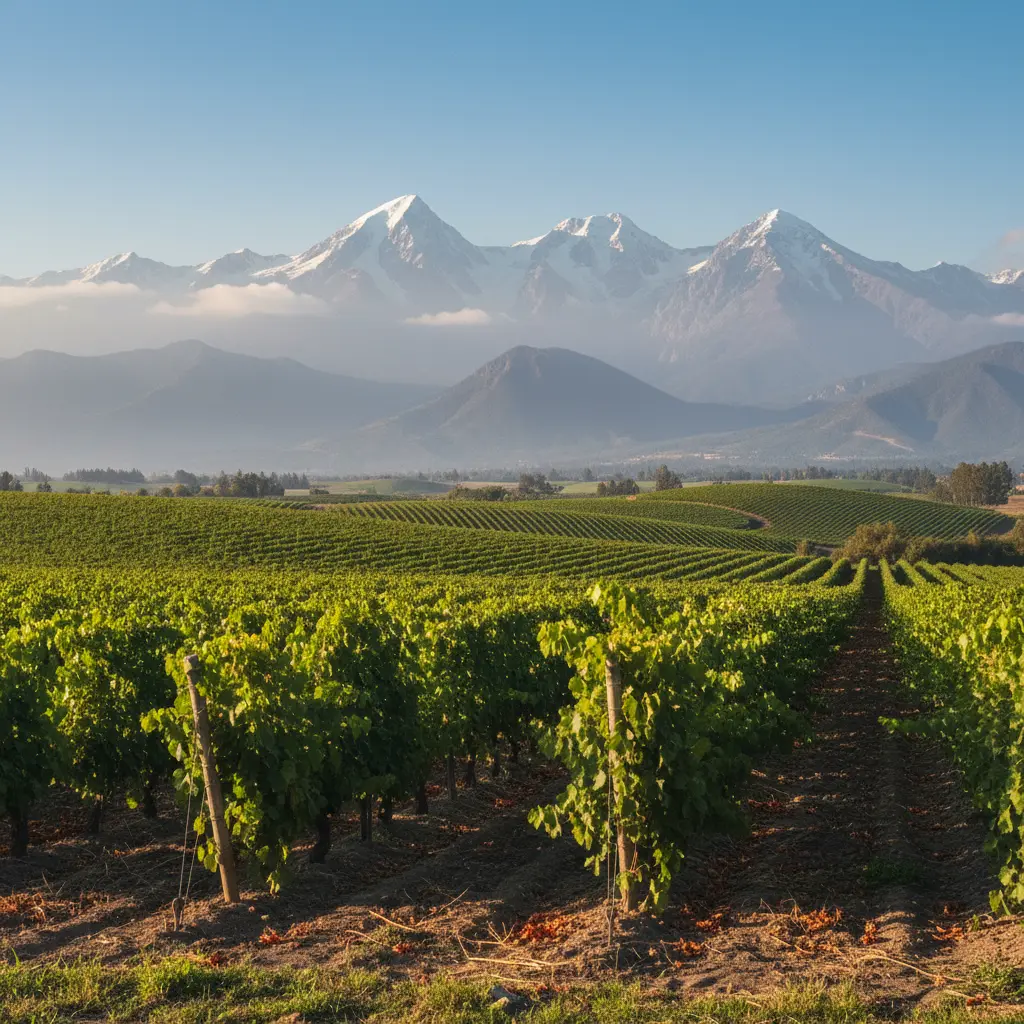 Lush vineyards of Maipo Valley with the snow-capped Andes Mountains in the background