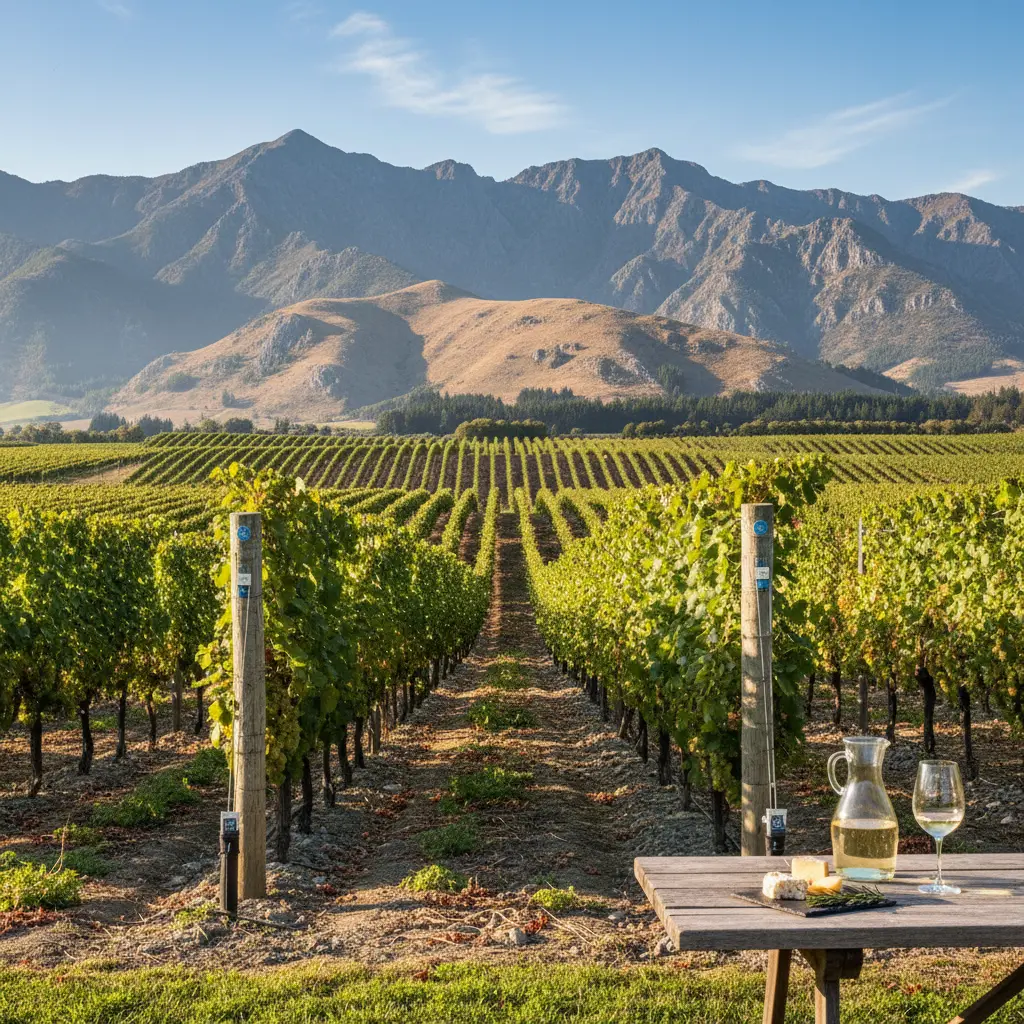 Rows of grapevines stretching across a sunny Marlborough vineyard with mountains in the background.