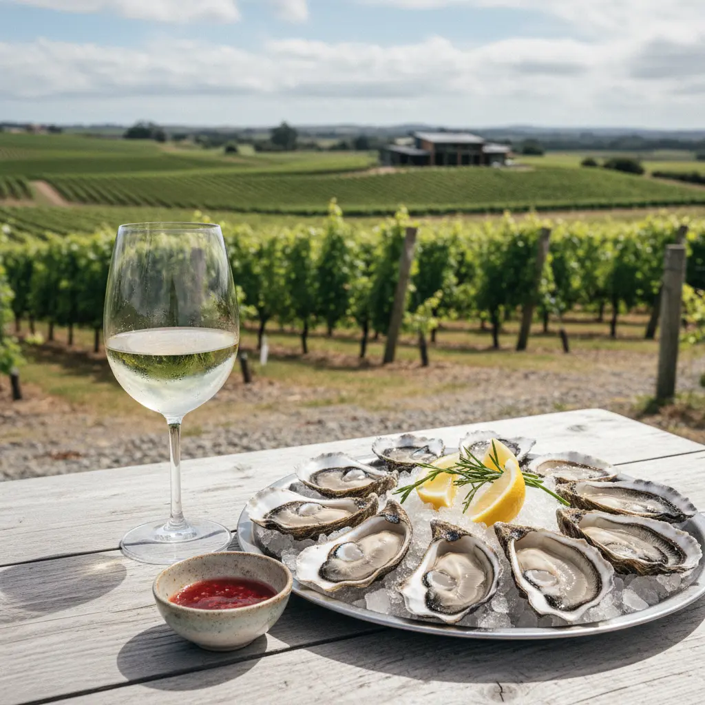 A glass of Sauvignon Blanc next to fresh oysters on ice and lemon wedges.