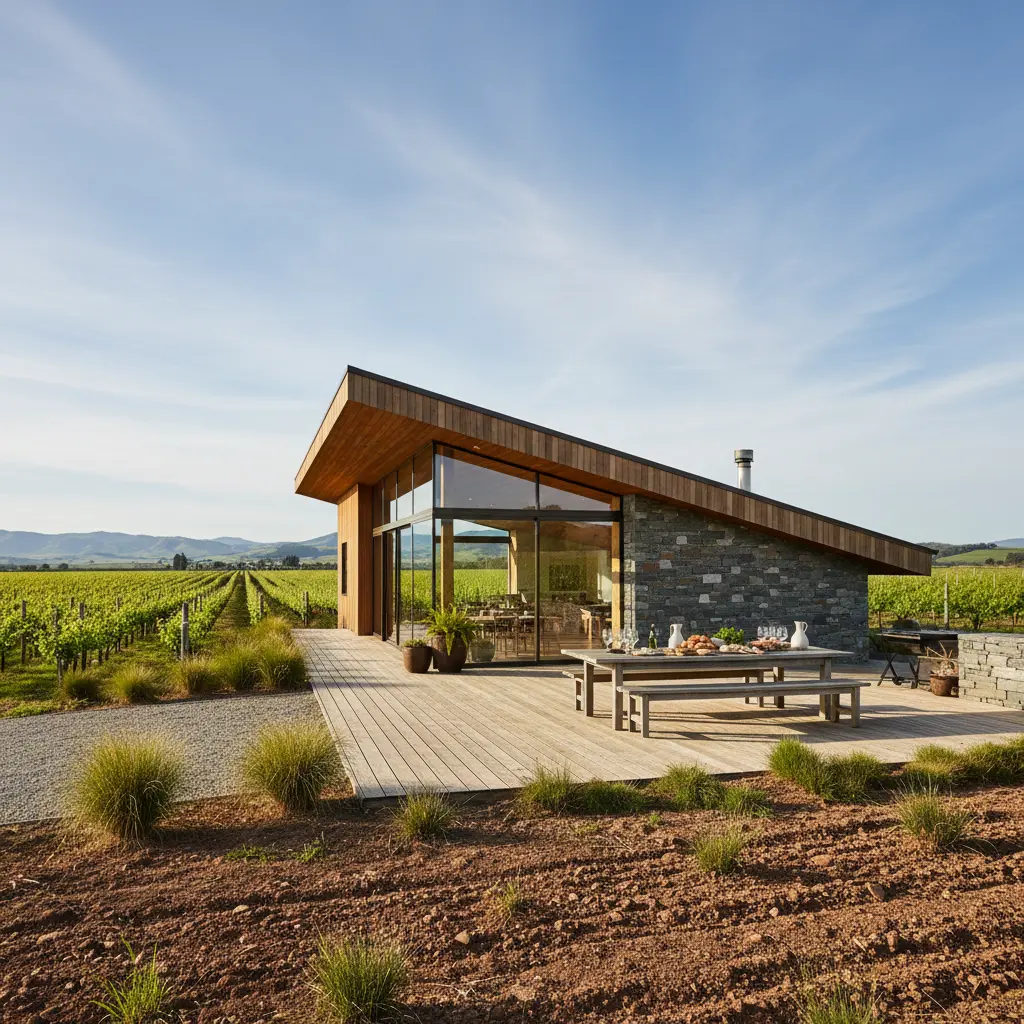 A modern cellar door building surrounded by vibrant green vineyards under a blue sky.