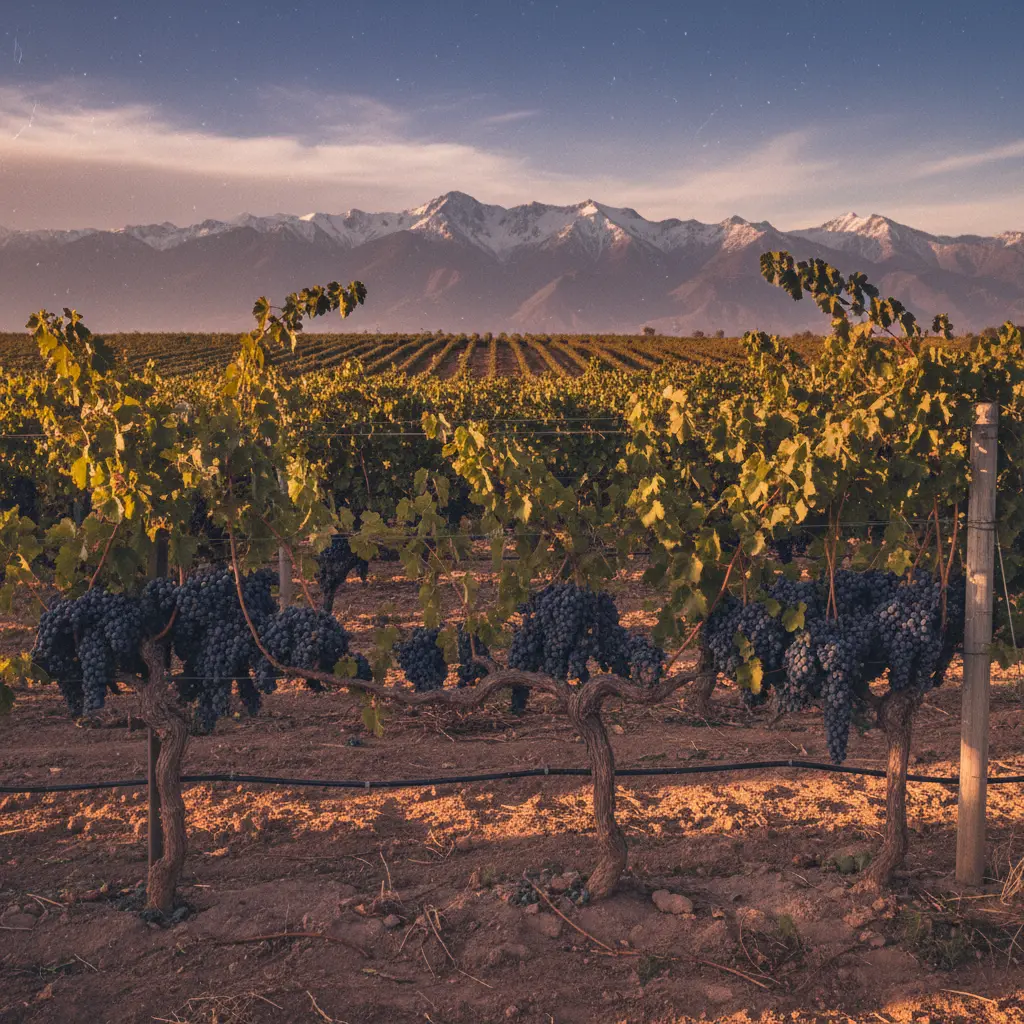 Vines in a high-altitude Mendoza vineyard with the Andes Mountains in the background.
