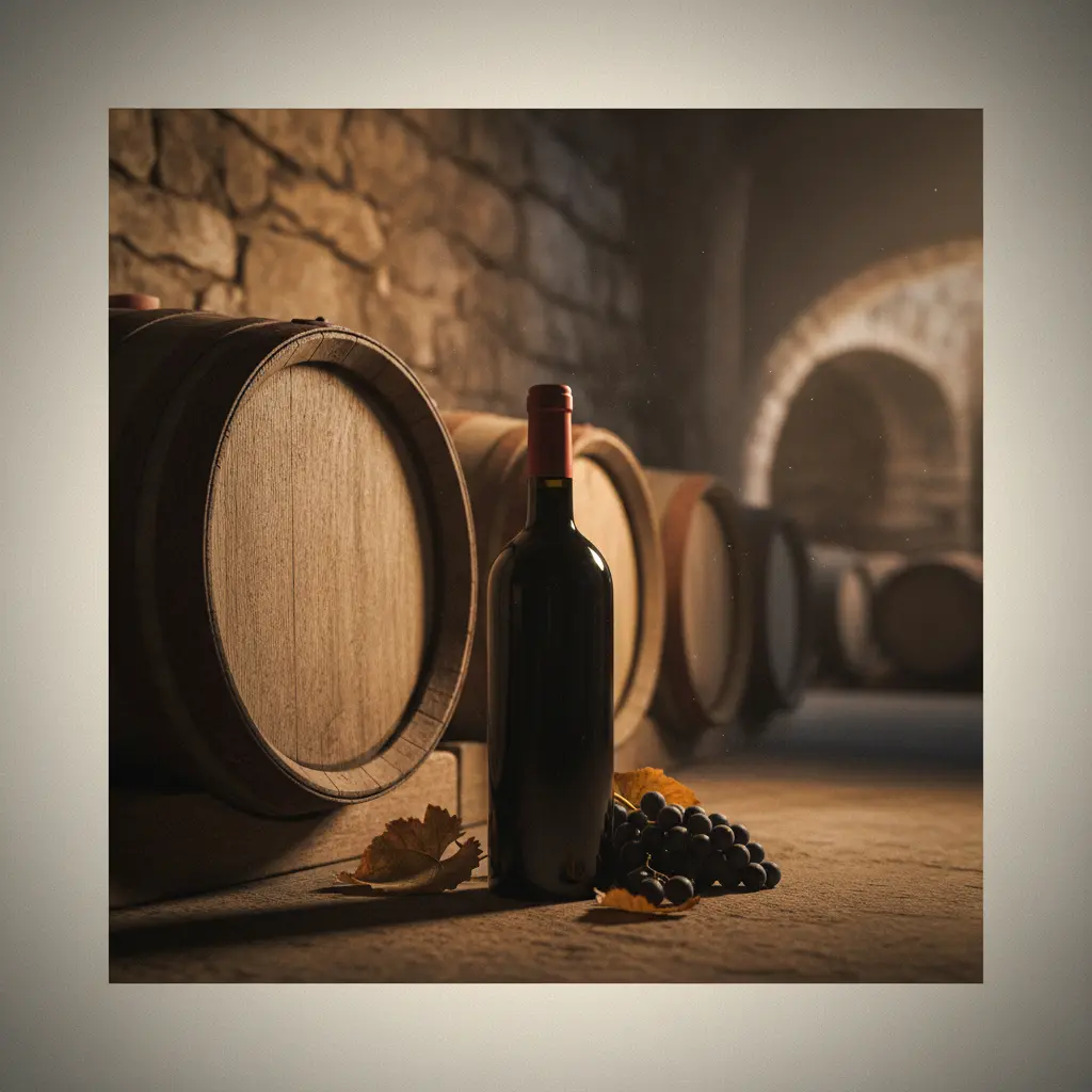 A bottle of Mendoza Malbec wine in a cellar.