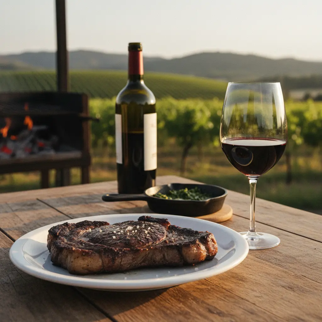 Grilled steak (asado) served with a glass of red wine, a classic Mendoza pairing.