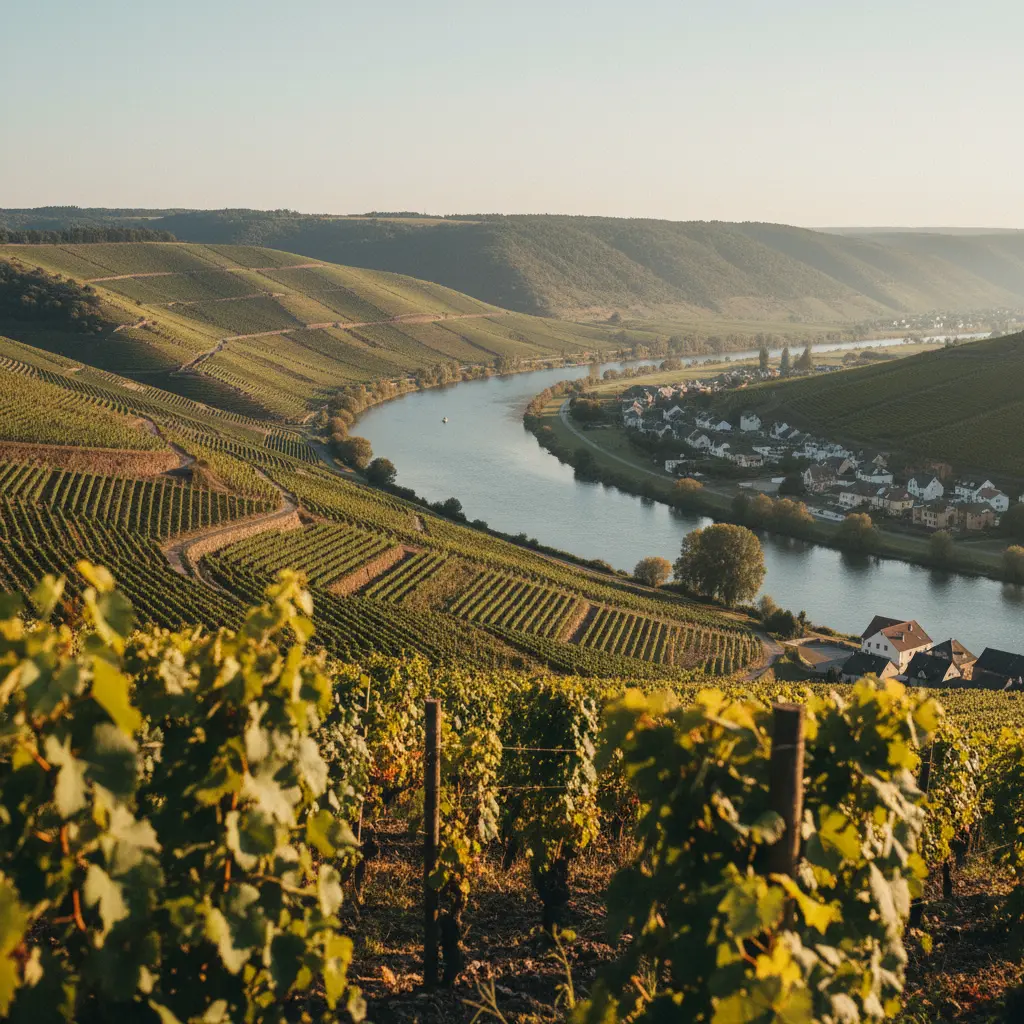 The Mosel River winding through steep vineyards bathed in sunlight