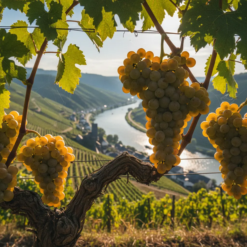 Close-up of ripe Riesling grapes on the vine in Mosel