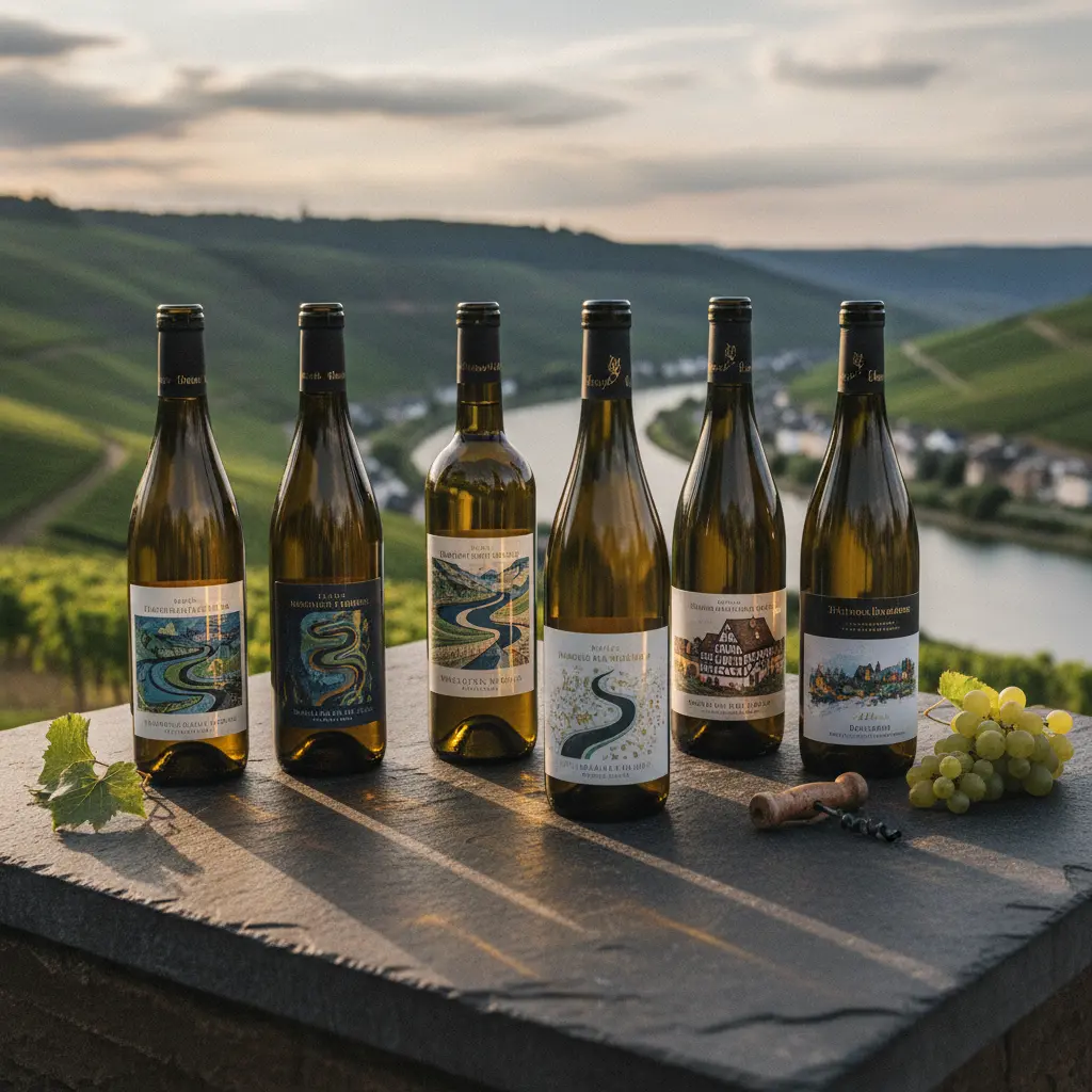 A selection of Mosel Riesling wine bottles with distinct labels