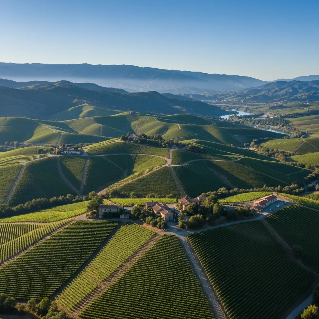 Aerial view of lush green vineyards stretching across Napa Valley under a clear sky