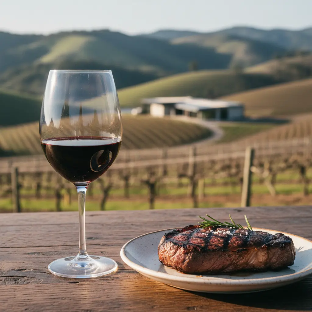 A glass of red Napa Cabernet Sauvignon paired with a perfectly grilled steak