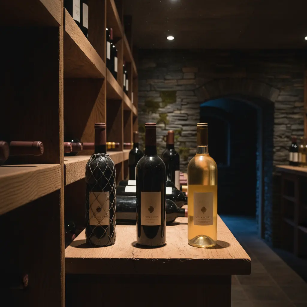 Bottles of Napa Valley wine resting in a dimly lit wine cellar