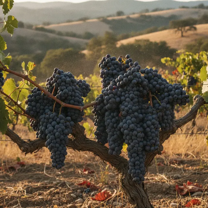 Ripe Syrah grapes hanging on the vine in Templeton Gap
