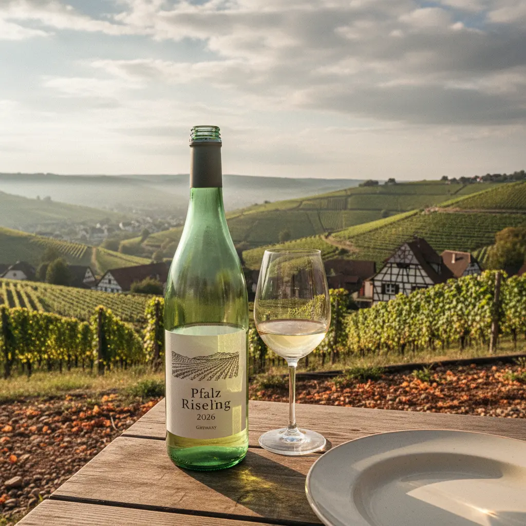 A bottle of Pfalz Riesling with vineyards in the background.