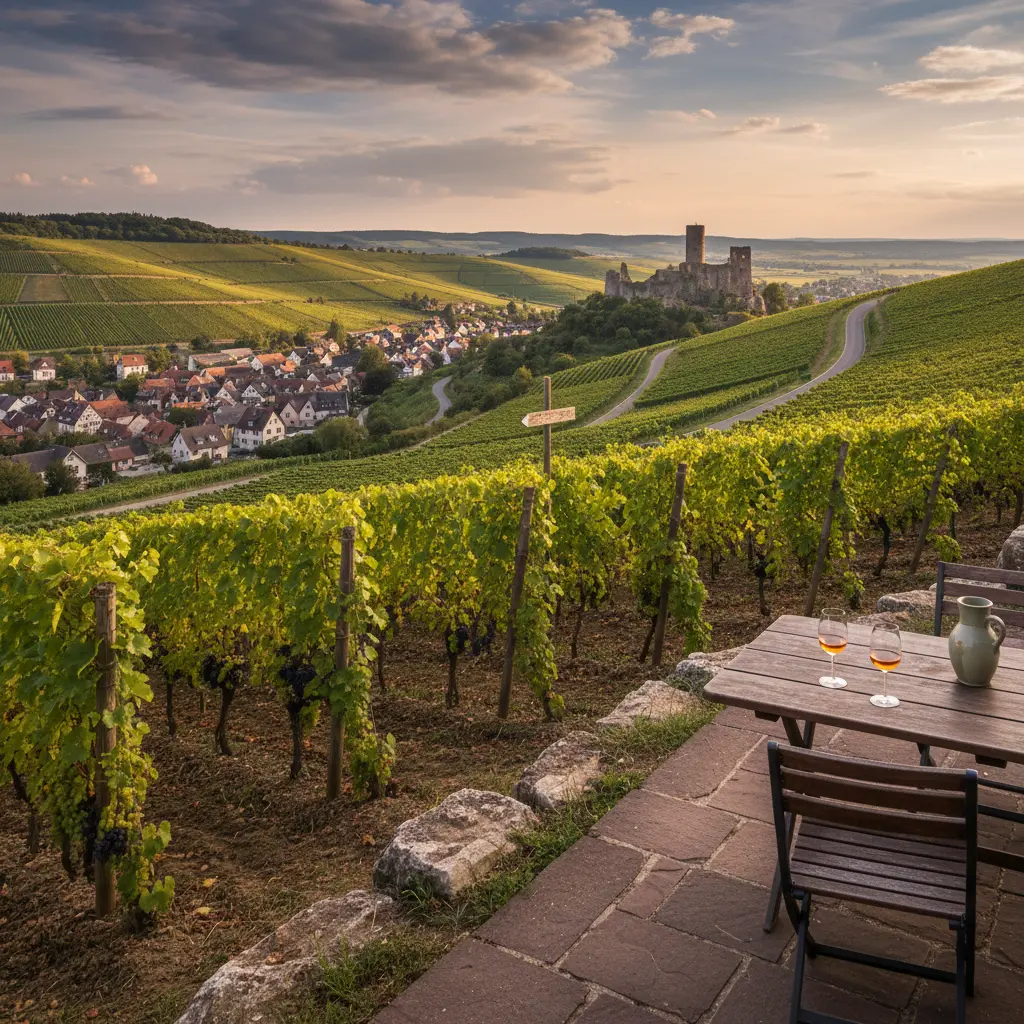 A scenic view of vineyards along the German Wine Route in Pfalz.