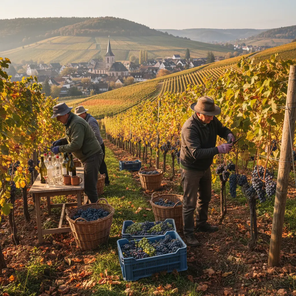 Workers harvesting grapes in a Pfalz vineyard during autumn.