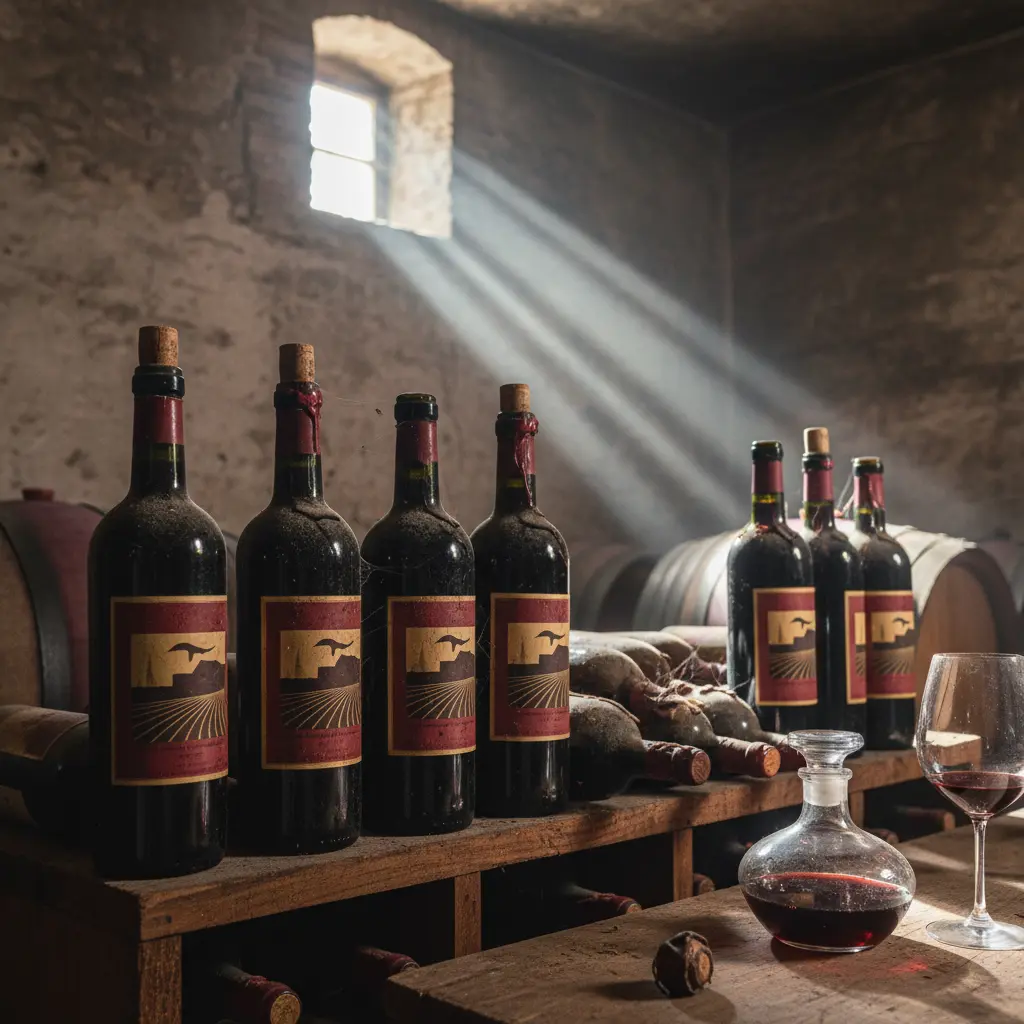 A collection of aged Barolo wine bottles in a cellar