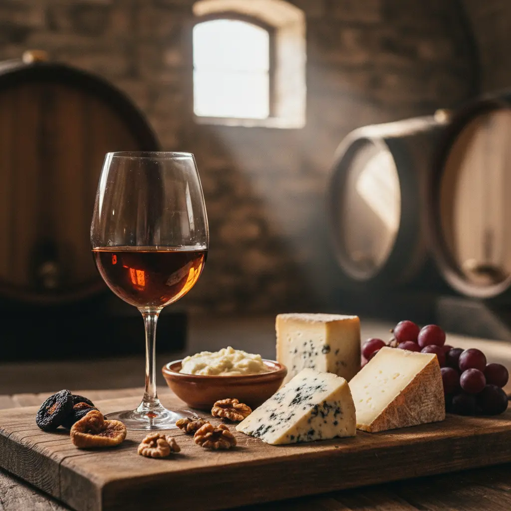 Glass of Tawny Port with a cheese board