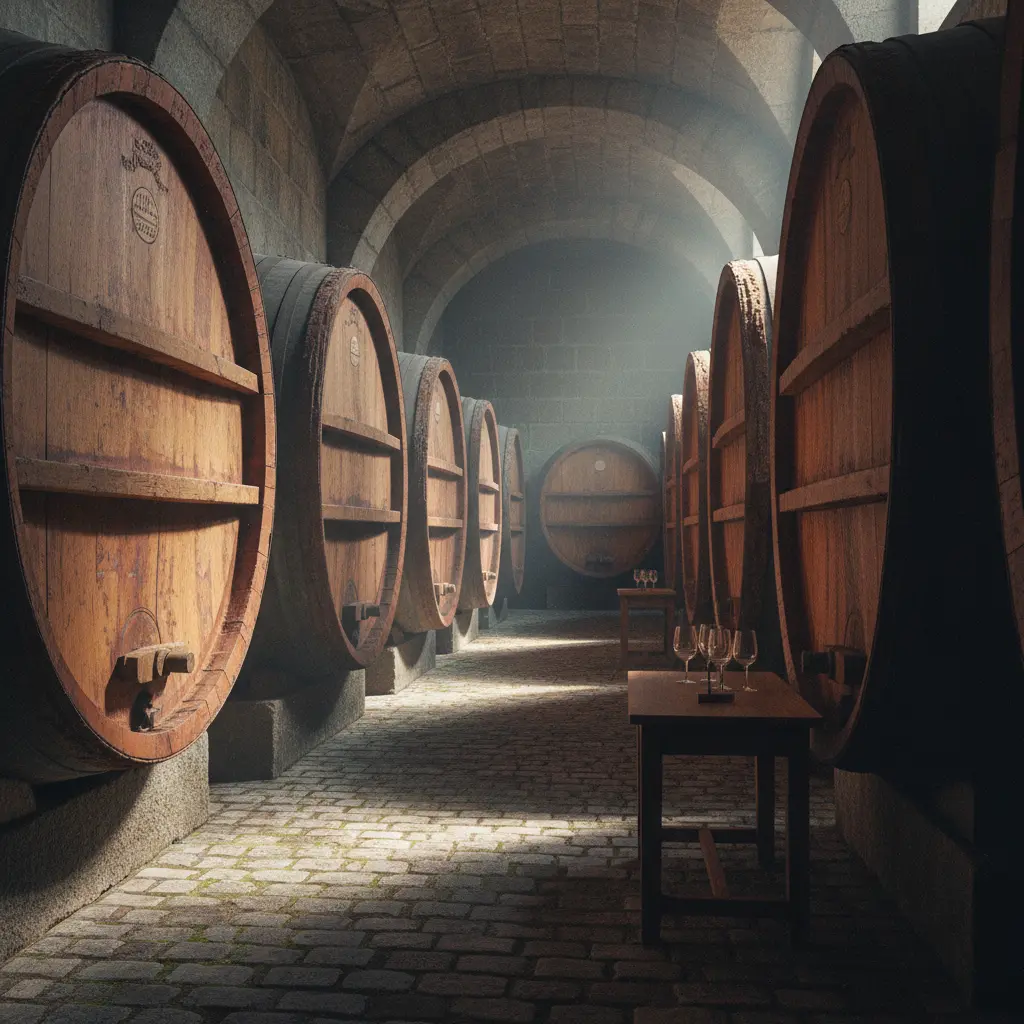 Oak barrels aging Port wine in a traditional cellar