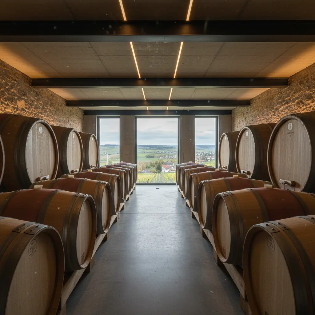 Inside a modern Rheinhessen winery cellar with oak barrels
