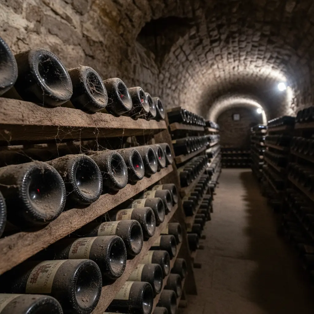 Rows of aging Ribera del Duero wine bottles in a dimly lit underground cellar.