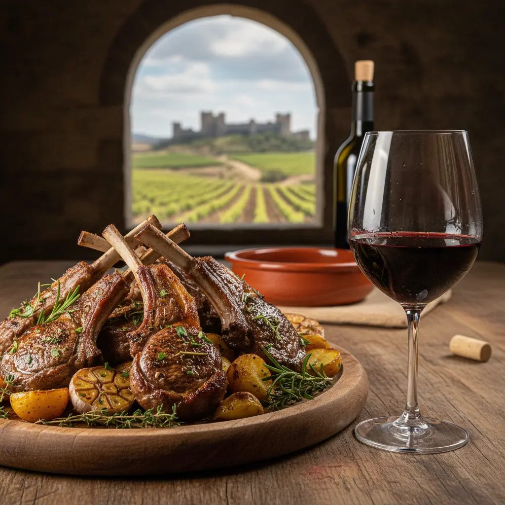 A platter of roasted lamb chops with herbs, perfectly paired with a glass of red Ribera del Duero wine.
