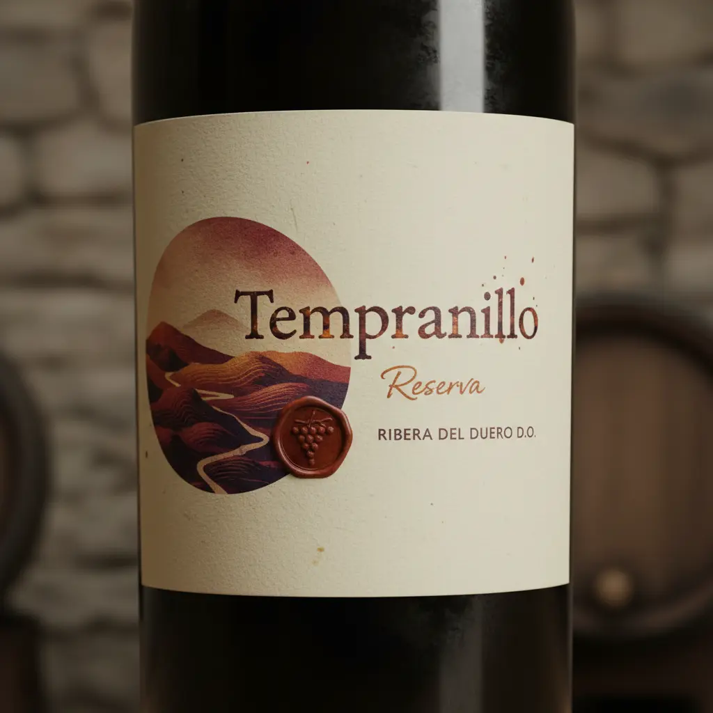 A close-up of a Ribera del Duero red wine bottle label, showing 'Tempranillo' and 'Reserva' designations.