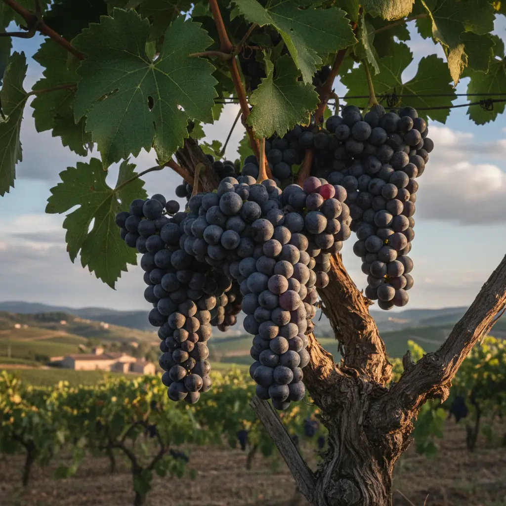 Close-up of ripe Tempranillo grapes on the vine in a Rioja vineyard