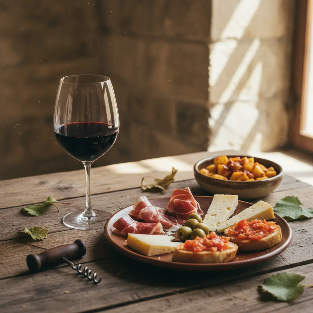 A glass of Rioja red wine next to a plate of traditional Spanish tapas