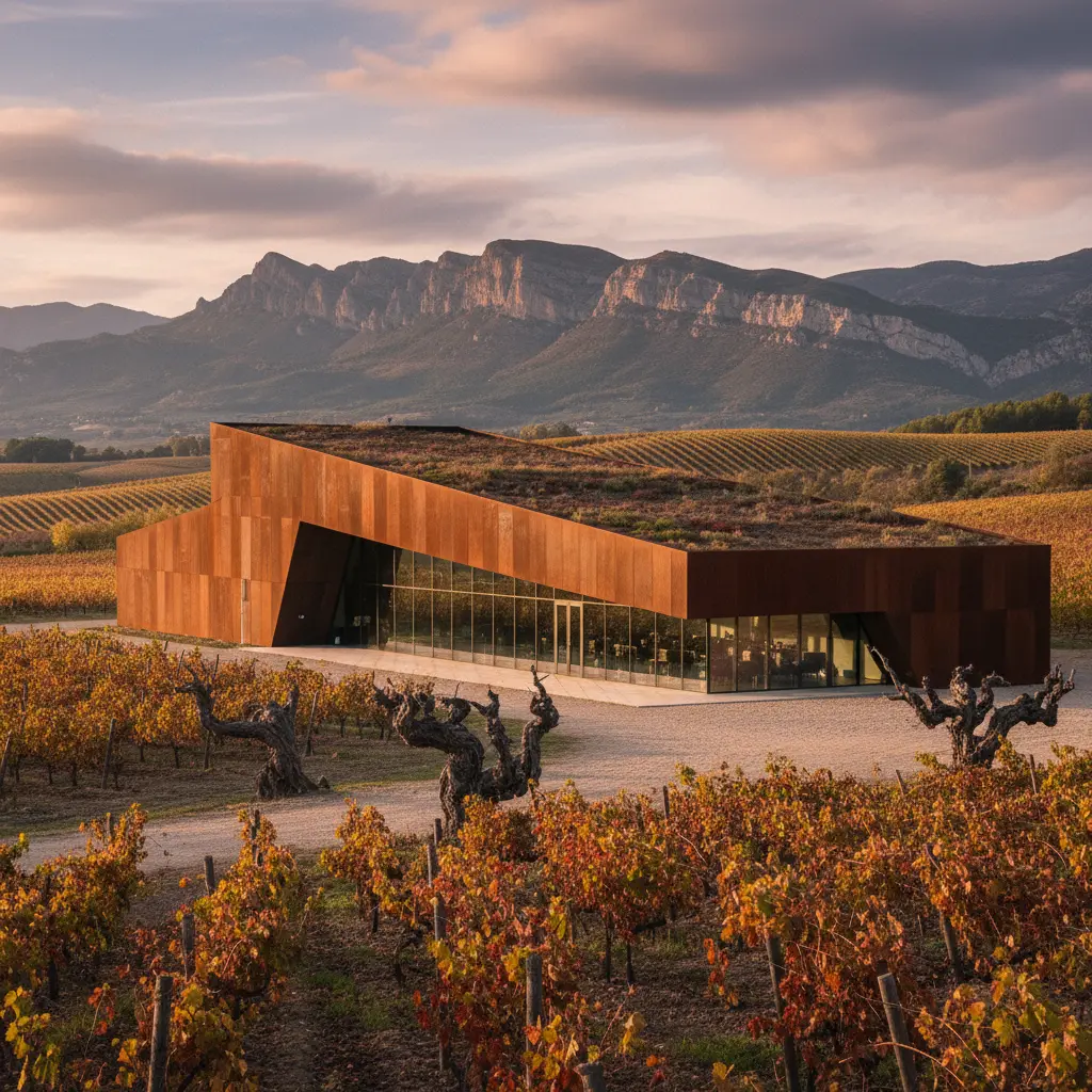 Modern architectural winery building in Rioja with vineyards in the background