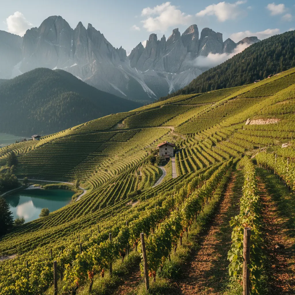 Pinot Grigio vines thriving in the high-altitude vineyards of Südtirol-Alto Adige