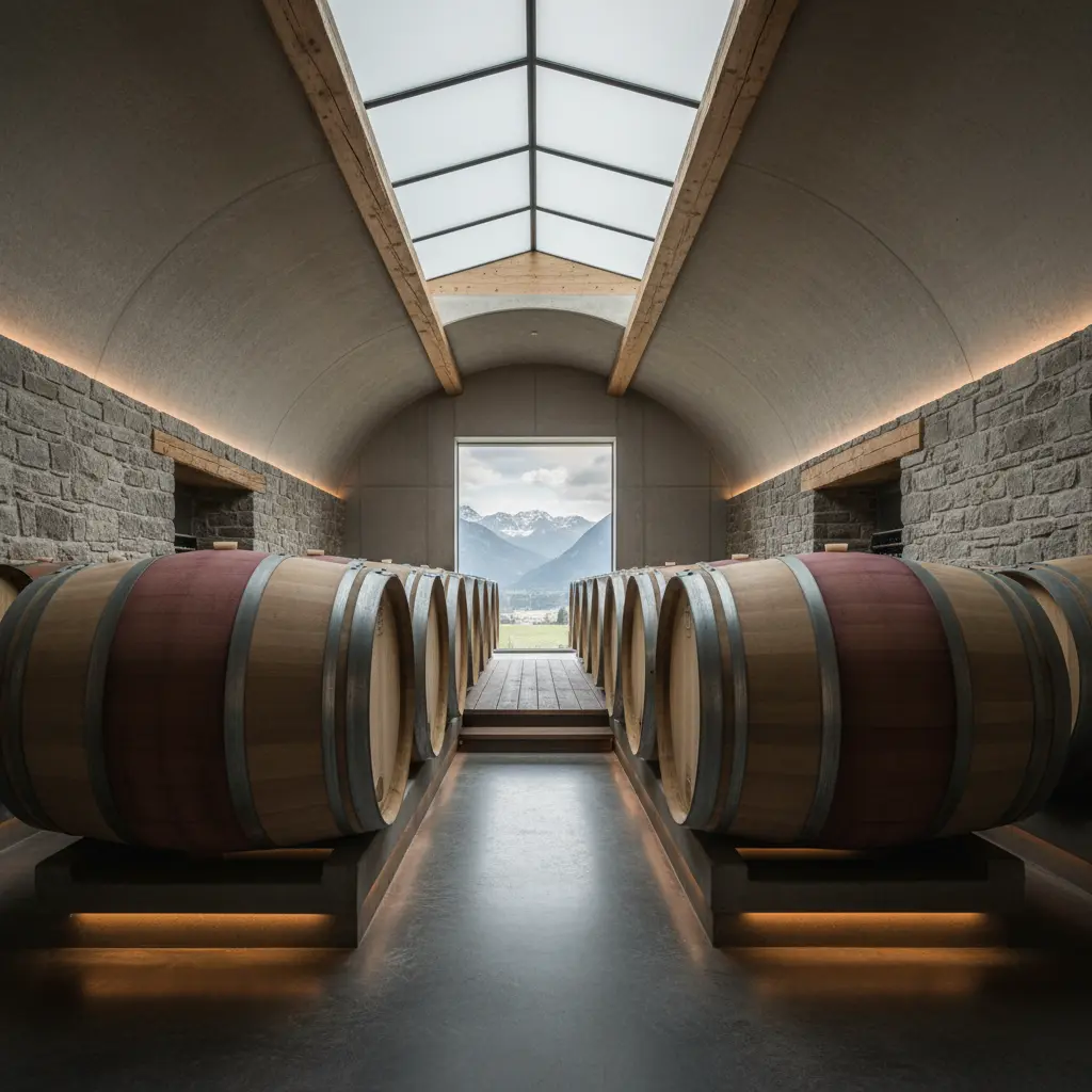 Interior of a modern wine cellar in Alto Adige, featuring oak barrels
