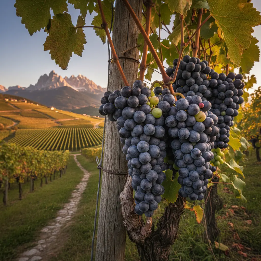 Lagrein grapes ripening on the vine in an Alto Adige vineyard