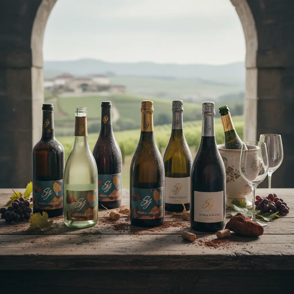 Assortment of Serra Gaúcha sparkling and still wine bottles