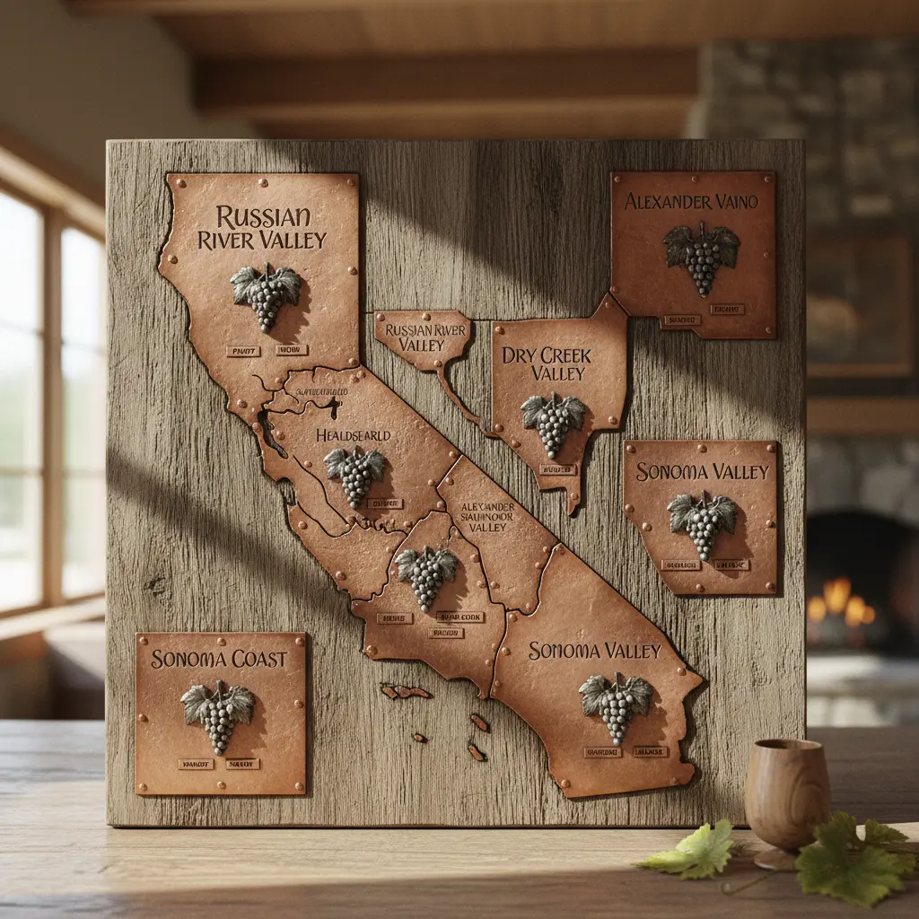 Map showing Sonoma County AVAs and their primary grape varieties.