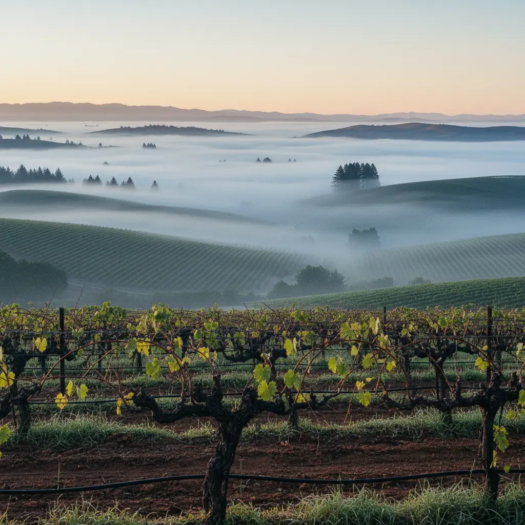 Fog rolling over vineyards in the Russian River Valley, Sonoma County.