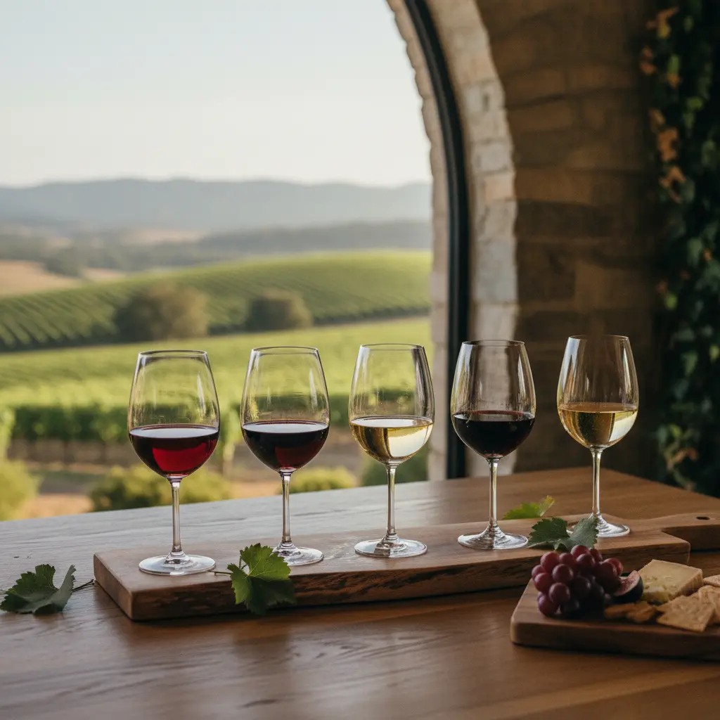 A selection of Sonoma wines in a tasting flight at a winery.