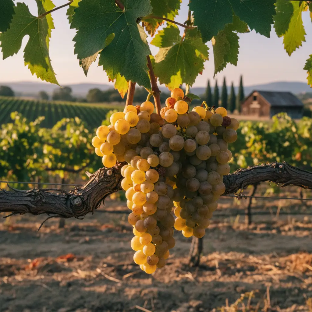 Ripe Chardonnay grapes on the vine in a Sonoma County vineyard.