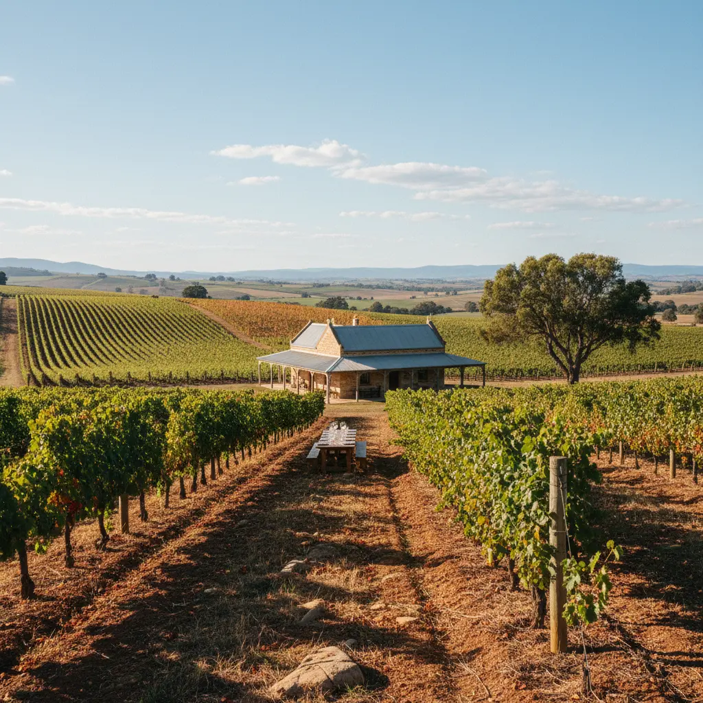 Rolling vineyards of Barossa Valley under a sunny sky
