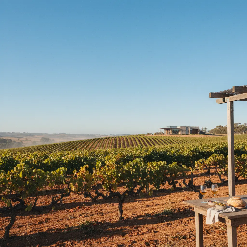 Rows of grapevines in an Australian vineyard under a clear sky