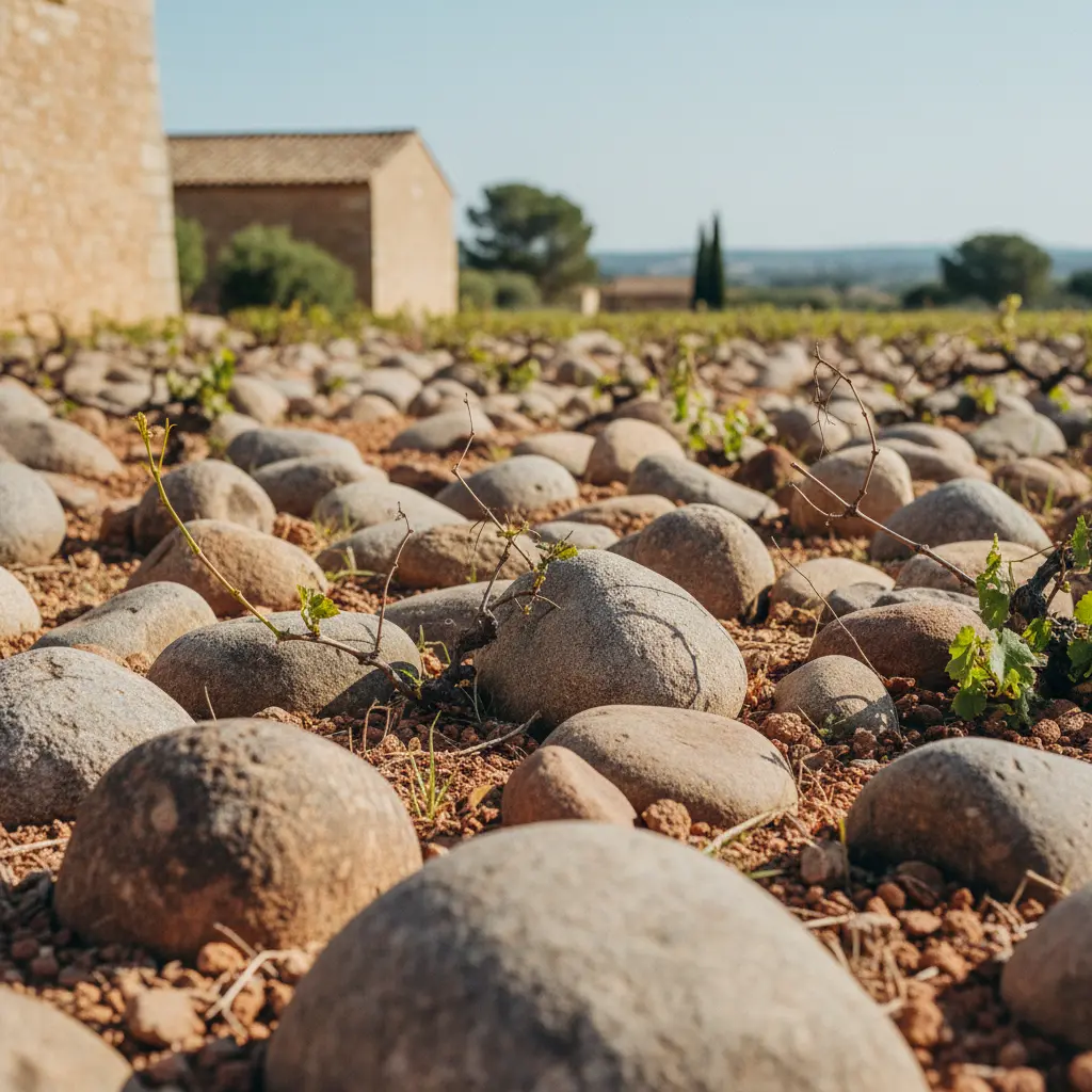 Galets roulés, the rounded stones typical of Châteauneuf-du-Pape vineyards.