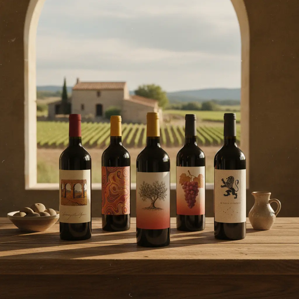A selection of Southern Rhône red wine bottles, showcasing diverse labels.