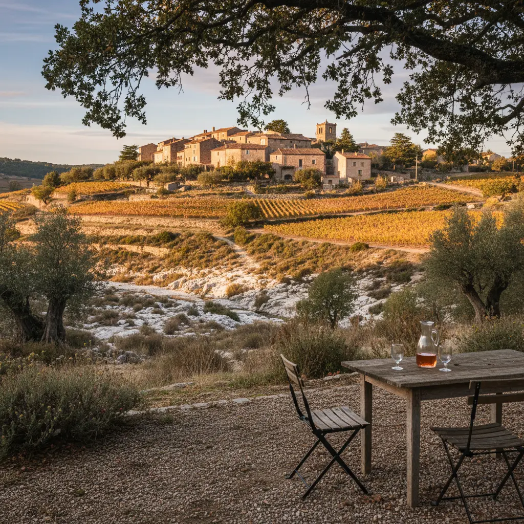 A charming village in the Southern Rhône Valley, nestled among vineyards.