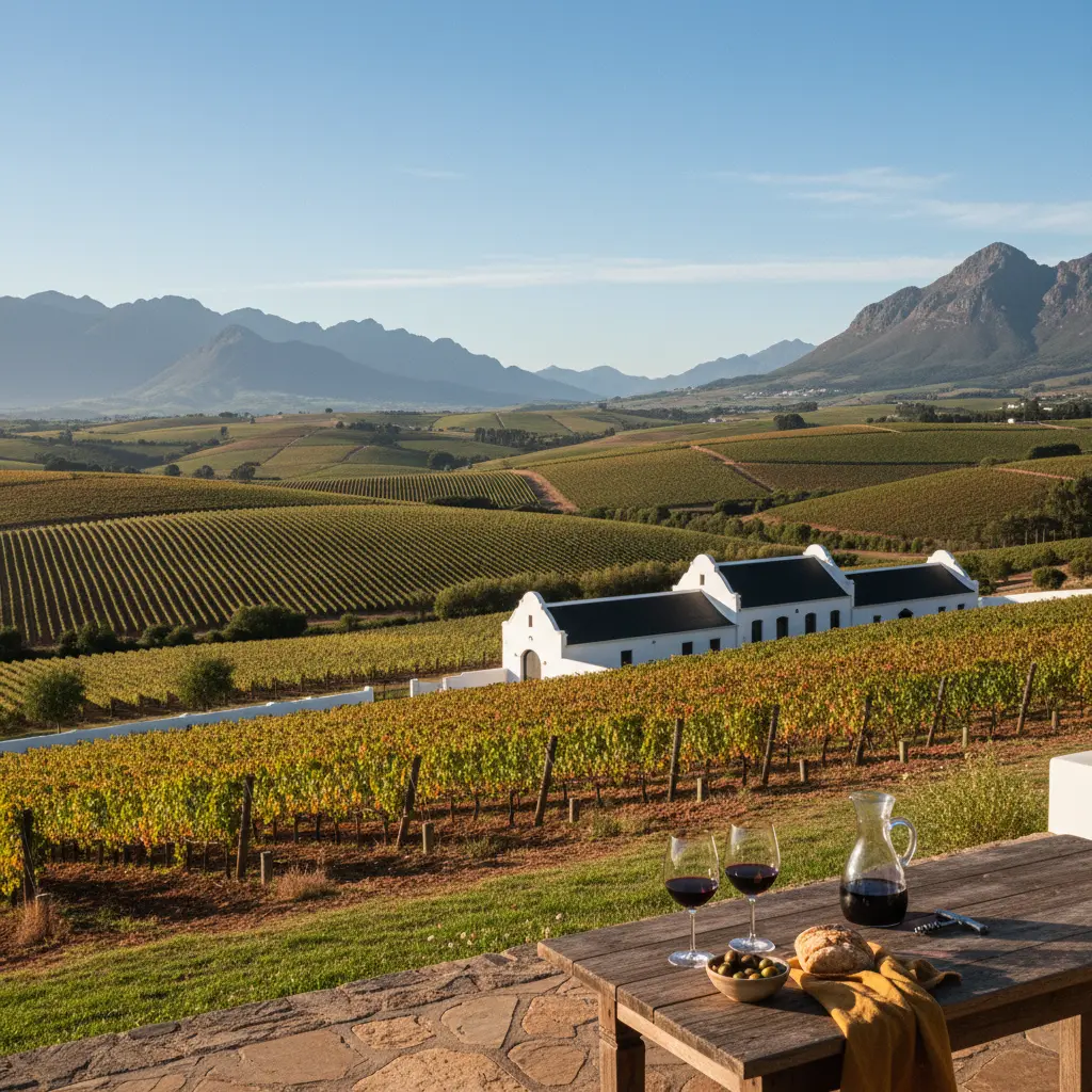Panoramic view of Stellenbosch vineyards under a clear sky
