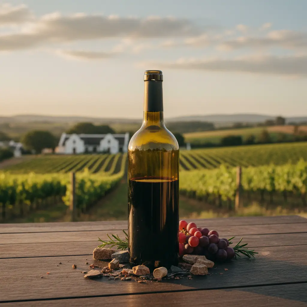 Close-up of a Stellenbosch wine bottle with a vineyard in the background