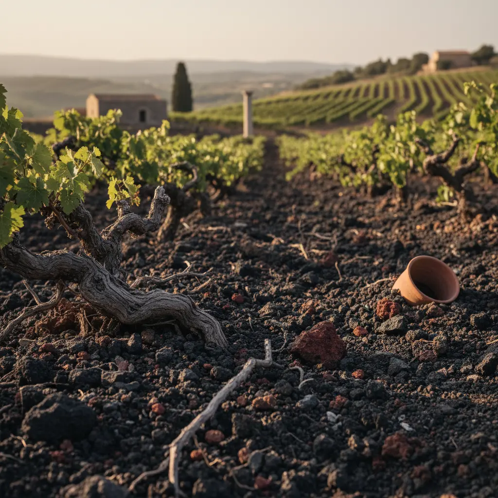 Close-up of dark, mineral-rich volcanic soil in a Sicilian vineyard