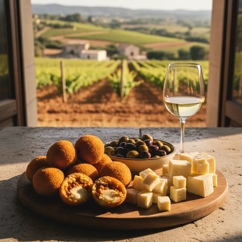 A platter of traditional Sicilian appetizers including arancini, olives, and cheese, paired with a glass of white wine