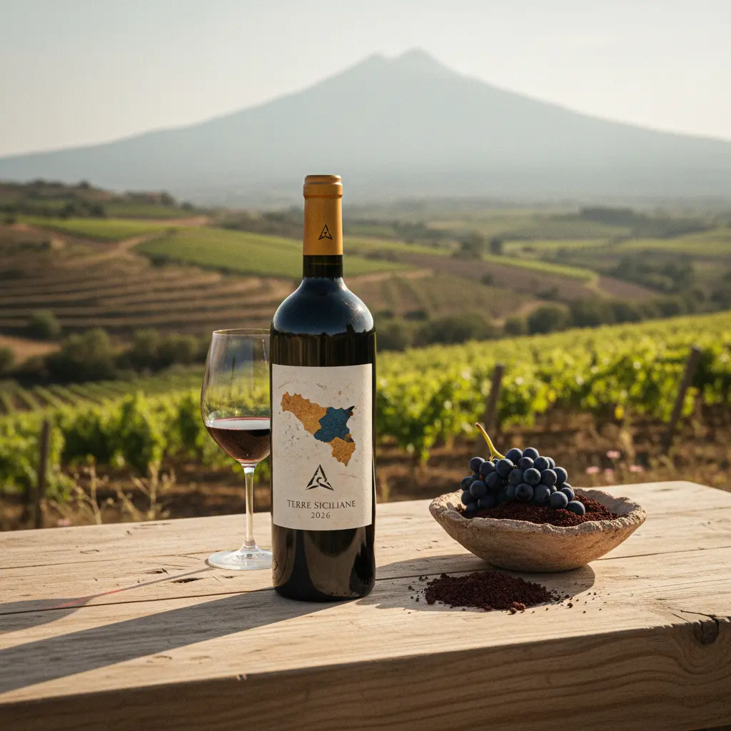 A sleek bottle of Terre Siciliane wine with a distinctive label, showcased against a blurred vineyard backdrop