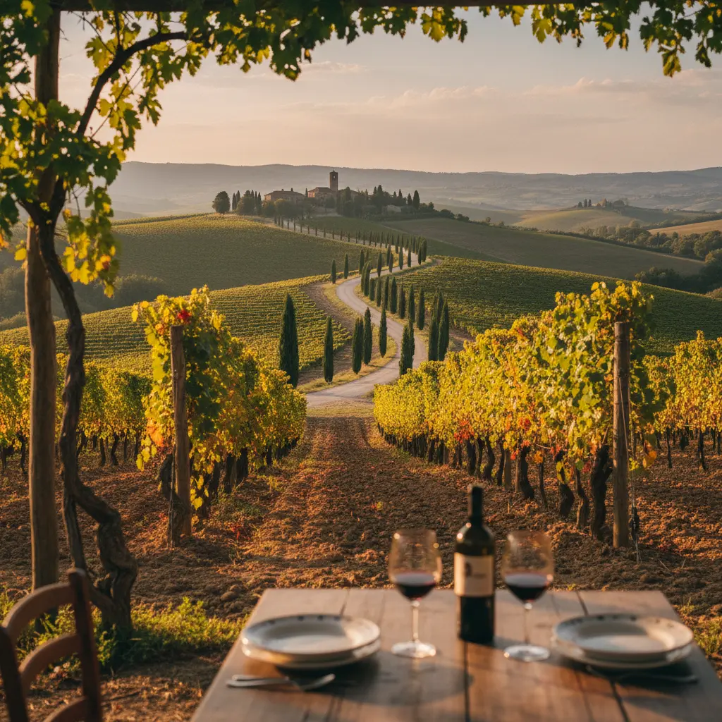 Rolling vineyards under a sunny sky in the Tuscan countryside